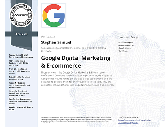 Google Digital Marketing & E-commerce Professional Certificate — issued to Stephen Samuel